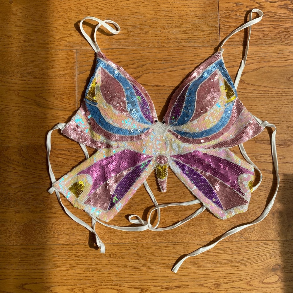 Y2K Sequined Butterfly Crop Top in Pastel Rainbow